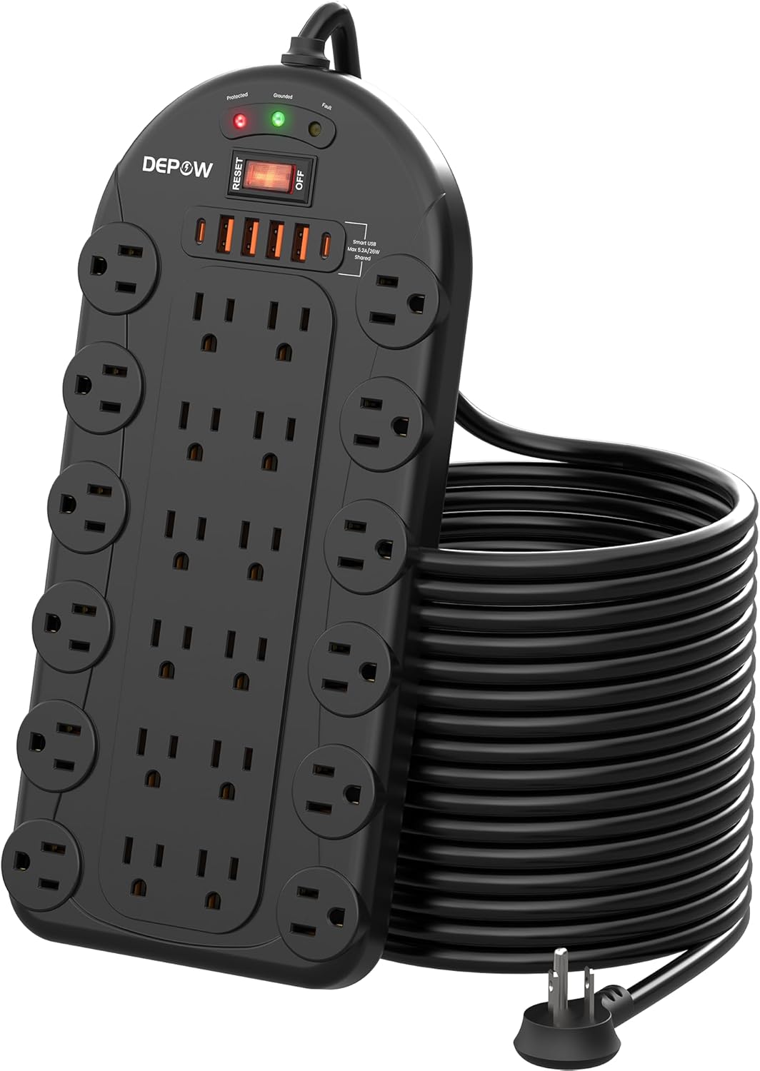 15Ft Power Strip Surge Protector (3,400 Joules), DEPOW 24 AC Multiple Outlets (1875W/15A) with 6 USBs (2 USB-C Ports), ETL Listed, Flat Plug Heavy Duty Long Extension Cord for Home, Office, Black