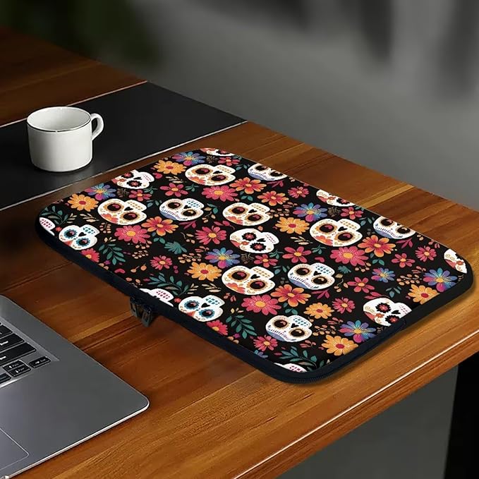 Skull Printed Computer Carrying Cover with Floral Print Laptop Case Bag Easy to Carry Computer Bag, 17 Inch Lightweight Laptop Briefcase Messenger Bag for Women