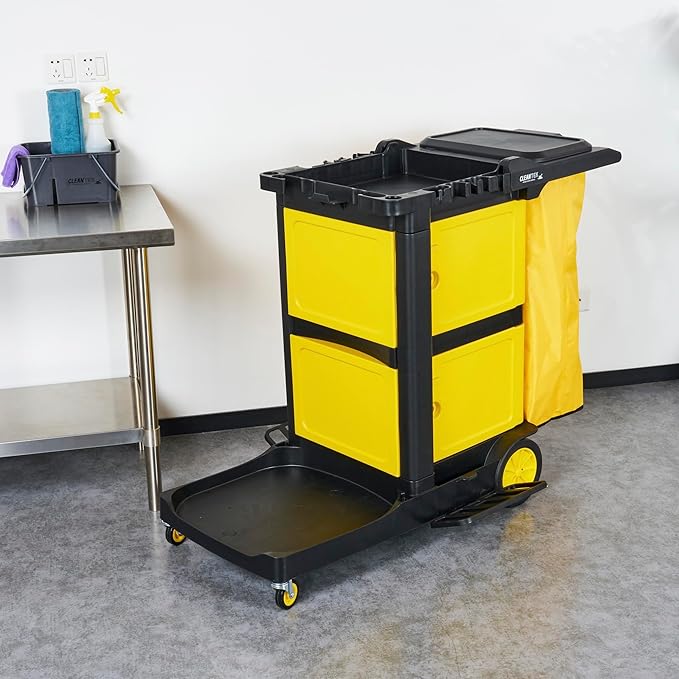 Restaurantware-Clean Tek Professional 3-Shelf Janitor Cart with Wheels, 1 Cleaning Trolley with Cover and 21 Gallon Bag - Includes 1 Double Locking Cabinet, Heavy-Duty, Gray Plastic Janitorial Cart