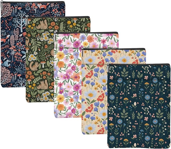 5PCS Waterproof Book Sleeve Book Pouch Protector with Zipper and Front Pocket Books Cover for Women Girl Books Lover Reader Librarian Reading Accessories Bookish Gifts, Cute Wildflower Forest Cat Fox