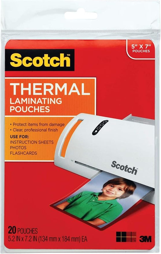 Scotch Thermal Laminating Pouches, Laminate Homemade Ornaments, Christmas Banners and Gift Tags, 5 Mil, 20-Pack Photo Size Laminating Sheets 5 x 7 Inches, Clear