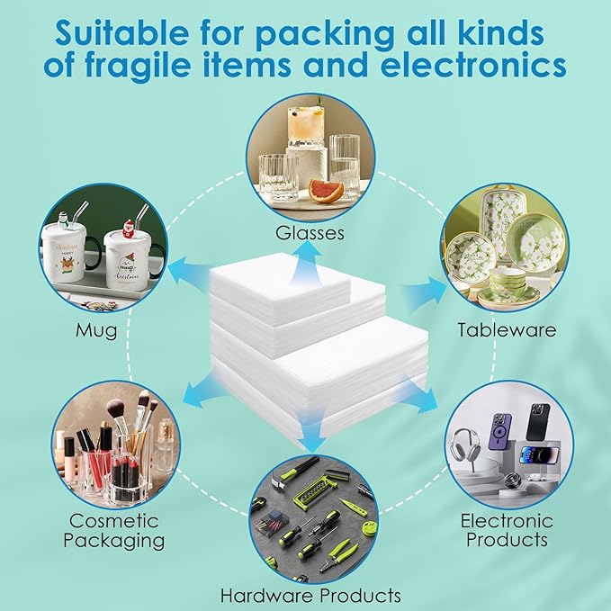 200 Pack Cushion Foam Pouches 3 Sizes wrap pouches with 12x12 Inch Foam Wrap Sheets dish packing kit Moving Fragile Items Packing Moving Supplies for Storage and Shipping With 50Fragile Stickers