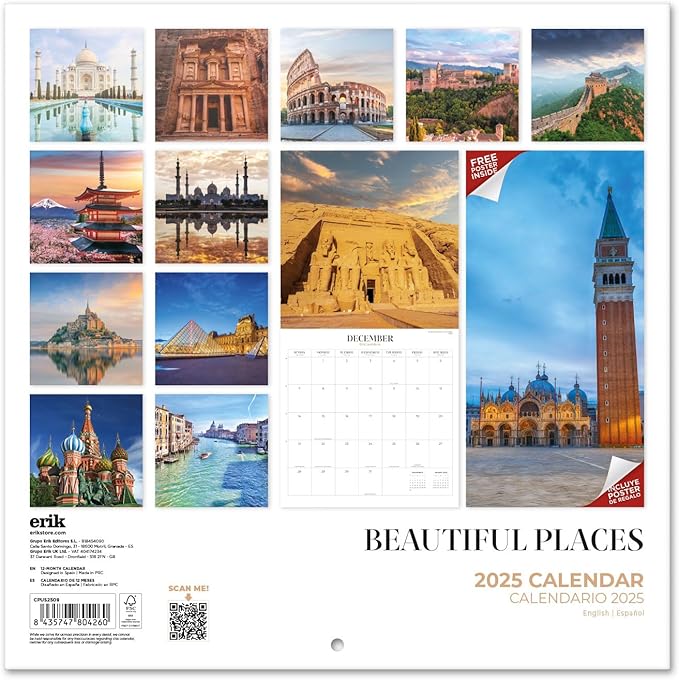 Beautiful Places Wall Calendar 2025 12" x 12" FSC® Plastic Free - Starts Week On Sunday | Square Wall Calendar | Family Planner Calendar 2025 | Travel Calendar 2025