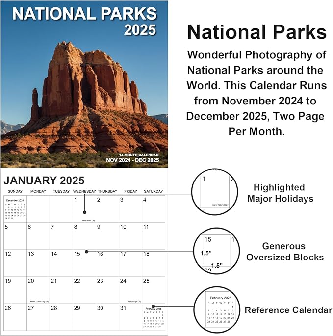 Calendar 2025, National Parks Calendar 2025 from January 2025 - December 2025, 12" x 24" Opened 12 Months Calendar, Full Page Months Thick & Sturdy Paper for Gift Perfect Calendar Organizing