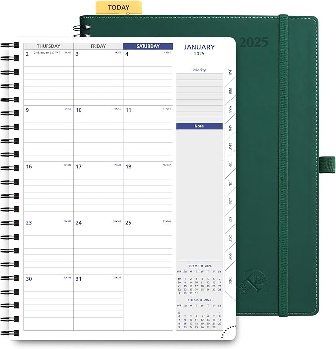 POPRUN 2025 Monthly Calendar Spiral Bound with Monthly Tabs 8.5" x 11", Large Writing Space Monthly Planner with PU Leather Soft Cover, Dual Pockets, Sunday Start - Forest Green