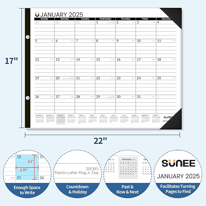 SUNEE 2025 Desk Calendar Large 22x17 from Now to March 2026, Extra Large Desktop Monthly Calendar Pad 18 Months For Teacher or Family, Desk Top Calendar, Black