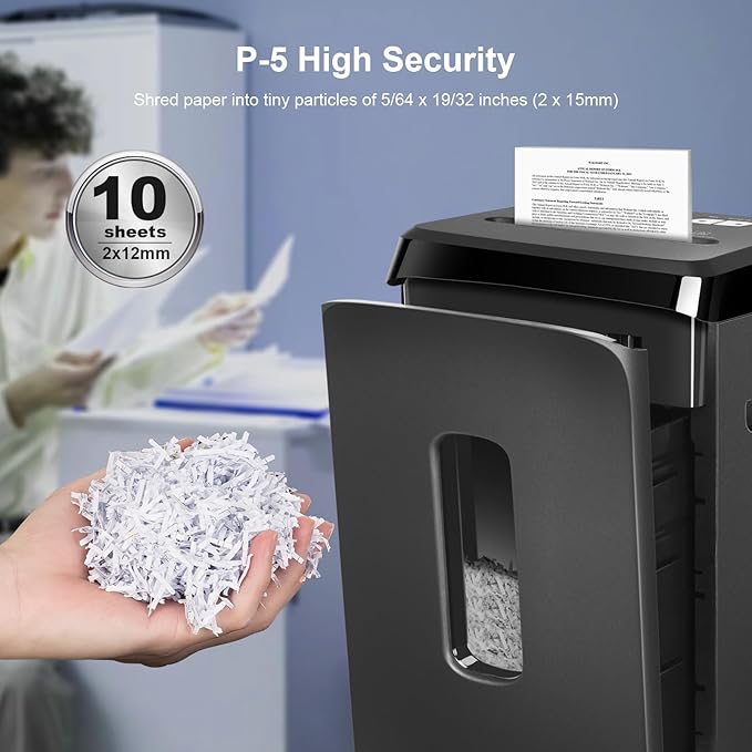 60-Minute Continuous Paper Shredder | P5 Security Level | 2x15mm Micro-Cut | 58dB Quiet Operation | 10-Sheet Capacity | Jam-Proof & 6.1Gal Bin | Heavy Duty for Home/Office