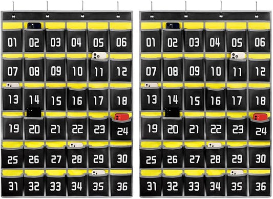 Loghot Numbered Classroom Sundries Closet Pocket Chart for Cell Phones Holder Wall Door Hanging Organizer (36 Pockets Black 2Pc)