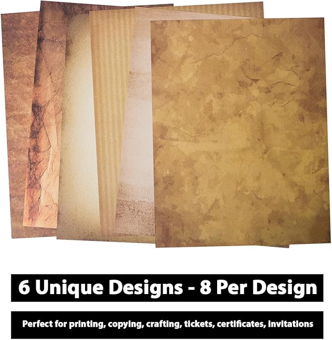 48 Aged Paper -Vintage Letter Papers With Classic Aged Paper Designs- Six Old Looking Styles Perfect for Vintage Letters - Vintage Printing paper, Vintage Writing Paper, 8.5 x 11 inches (Pack of 48)