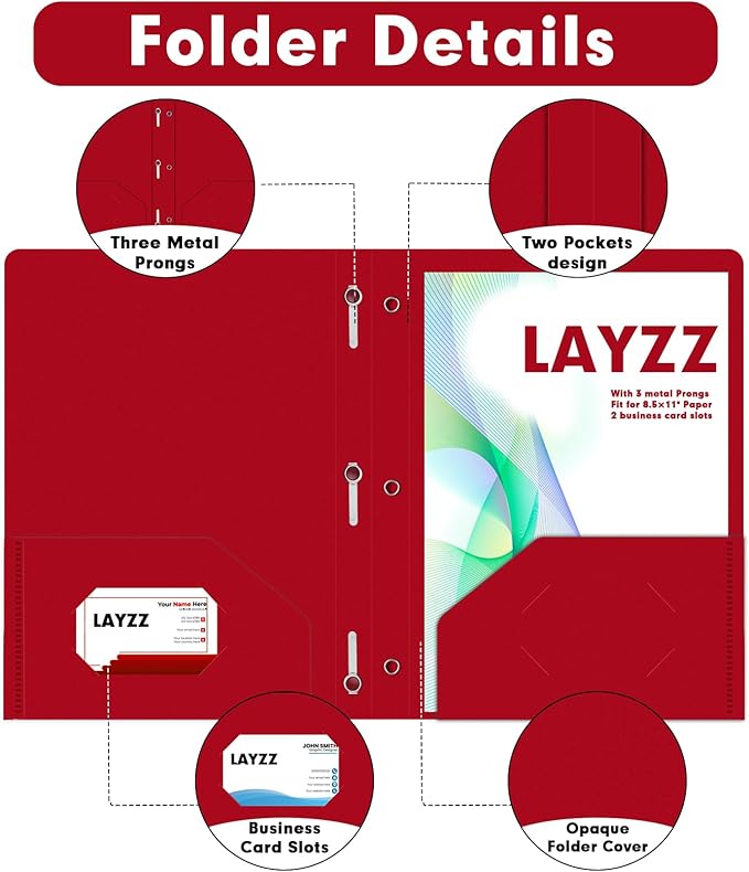 Plastic 2 Pocket Folders with Prongs, 30 Pack, Heavyweight, Letter Size Poly Folders with 3 Metal Prongs Fastener Clips (Red)