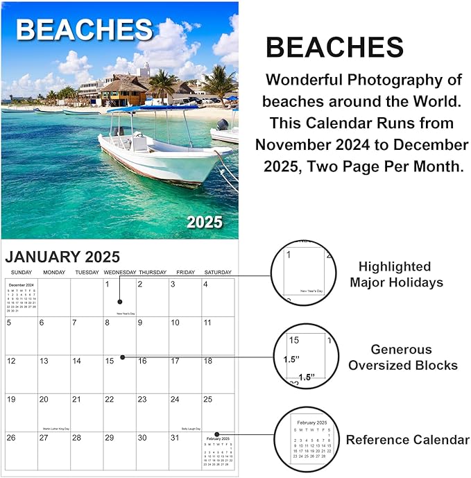 Calendar 2025, Beaches Calendar 2025 from January 2025 - December 2025, 12" x 24" Opened 12 Months Calendar, Full Page Months Thick & Sturdy Paper for Gift Perfect Calendar Organizing & Planning