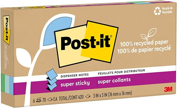 Post-it Super Sticky 100% Recycled Pop-up Notes, 3 in. x 3 in., 70 Sheets, 6 Pads, Oasis Collection, School Supplies and Office Products