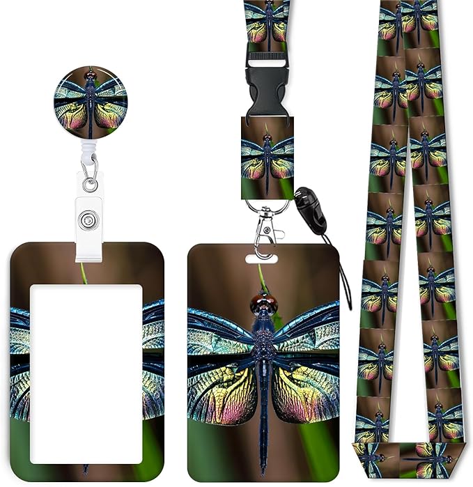 ID Badge Holder with Retractable Lanyard and Keychain, Badge Reel with Rotate Carabiner Clip,Cute Dragonfly Card Name Tag Lanyard ID Protector Bage Clips for Student, Women, Office