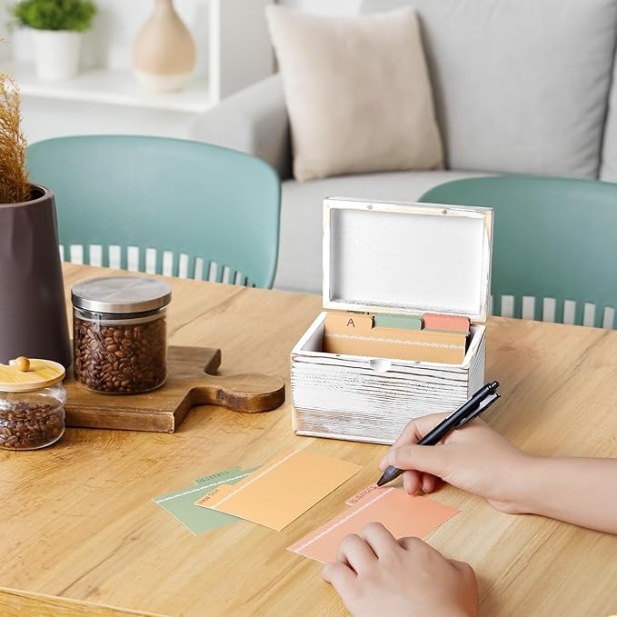 DRASTAR Index Card Holder, Index Card Organizer 3x5, Index Card Holder with Dividers, Index Card Holder for Desk, Index Card Storage Case, Note Card Box, Retro White