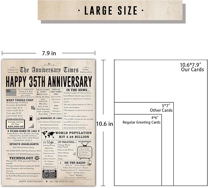 Big 35th Anniversary Card for Him Her, Retro 35 Year Anniversary Card Gift for Wife Husband Couple, Vintage Coral Wedding Gifts for Couples Parents