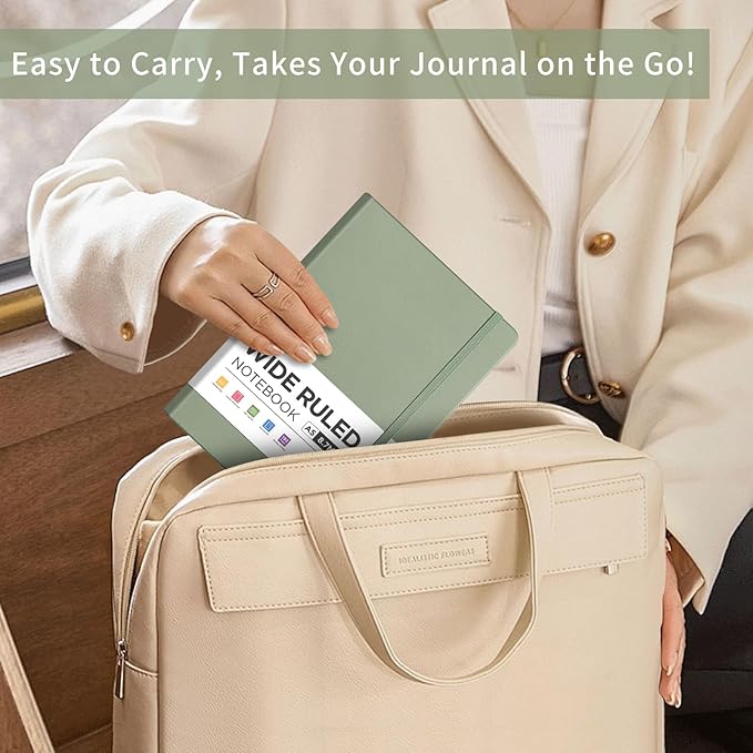 AHGXG Wide Ruled Notebook for School - Lined Journal for Women Men, 192 Numbered Pages, 100 GSM Thick Paper, A5 Hardcover Leather Notebook for Work, Writing, 5.7"×8.3" - Sage Green