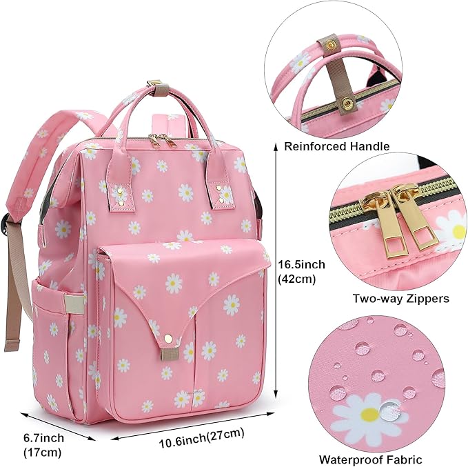 Flowers Laptop Backpack College School Backpack Bookbags Nurse Backpacks Travel Bags for Women Girls Fits 15.6 Inch Notebook (Daisy Pink)