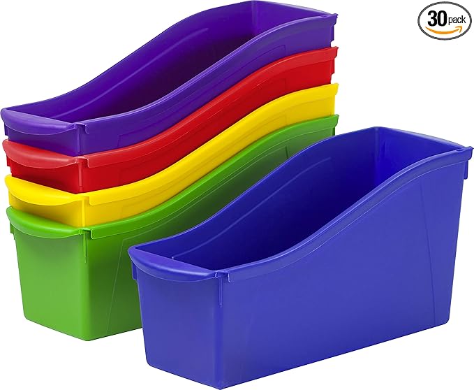 Storex Large Book Bin, Linking Storage Bin, Dry Erase Surface, 14.3 x 7 x 5.3 Inches, STEM Assortment, (70105A06C) (Pack of 30)