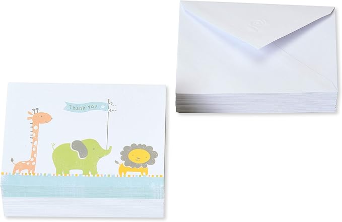 American Greetings Baby Shower Thank You Cards with Envelopes, Giraffe, Elephant and Lion (50-Count)