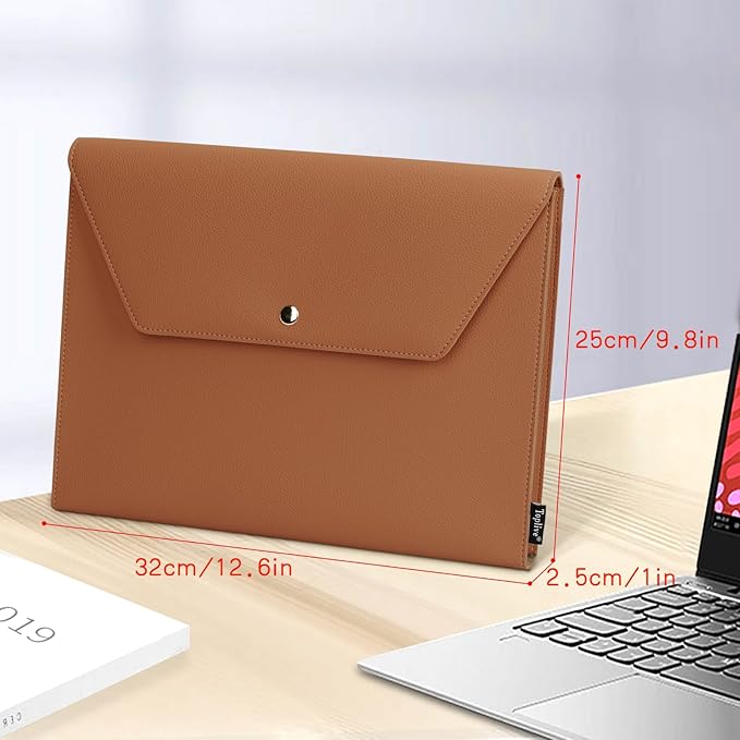Toplive Document File Folder, Waterproof PU Leather A4 Letter Envelope Folder Case File Organizer Dual Layers Stylish Document Holder with 8 Card Holder 2 Pen Loop for Travel Office School, Brown
