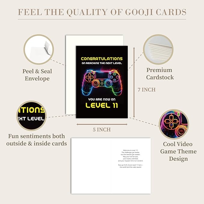 Gooji 5x7 Gamer Birthday Card for Boys and Girls - Level-Up Design for Ages 9, 10, 11, 12 - Perfect Gaming Party Greeting Card (11Y)