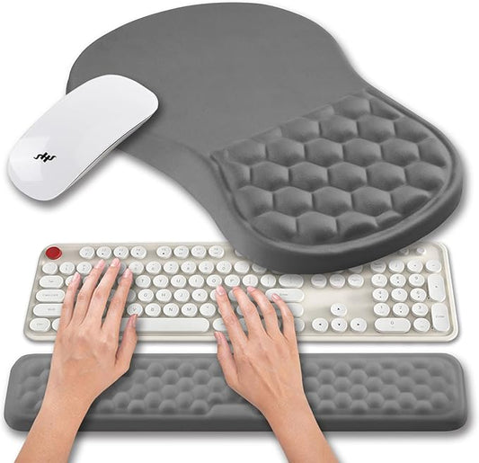 Hokafenle 2 in 1 Ergonomic Mouse Pad Wrist Support & Wrist Rest for Computer Keyboard Set, with Relieve Carpal Tunnel Pain Massage Bulge and Full Memory Gel Design (2In1 Set, Neutral Gray)