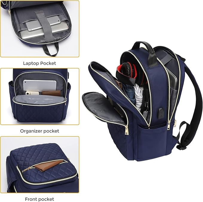 Modoker 15.6 Inch Laptop Backpack for Women, Quilted Work Backpack for Women Bookbag Teacher Backpack, Travel Backpack with USB Charging Port, Backpack Purse for Women Nurse, Blue