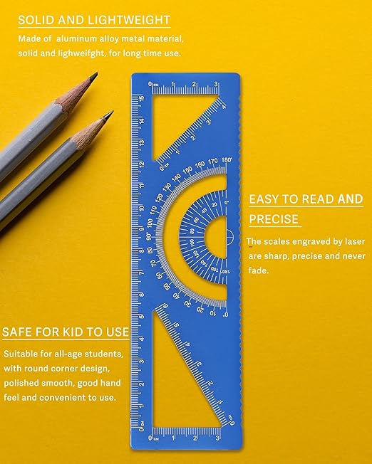 4-in-1 Geometry Set, Metal Math Ruler Kit- Aluminium Protractor, 2 Precision Triangles, Straight Edge Rule - Multifunctional Drafting& Measuring Small Ruler for Kids School - 6 inch, Black