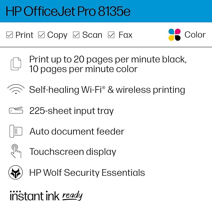 HP OfficeJet Pro 8135e Wireless All-in-One Color Inkjet Printer, Print, Scan, Copy, Fax, ADF, Duplex Printing, Best-for-Home Office, 3 Months of Instant Ink included (40Q35A)