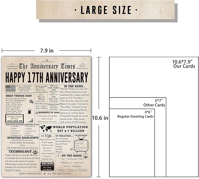 Jumbo 17th Anniversary Cards for Women Men, Retro 17 Year Anniversary Card Gifts for Wife Husband, Large 17th Wedding Anniversary Decoration for Parents