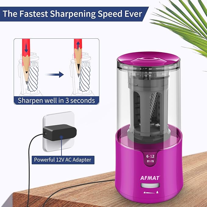 AFMAT Electric Pencil Sharpener for Colored Pencils, Auto Stop, Fast Sharpen in 3s, Large Hole Pencil Sharpener Plug in for 6-12mm No.2/Jumbo Pencils-Purple
