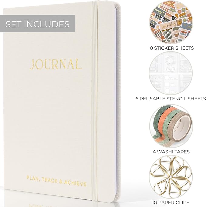 ZICOTO Ultimate All-in-One Journaling Kit - Incl. Journal Notebook With Linen Hardcover and Dotted Pages, Stencils, Stickers, Washi Tapes, Paper Clips and More Bullet Checklist Supplies
