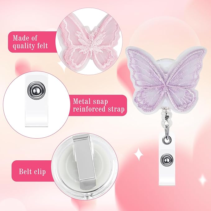 NACHLYNN 8 Pcs Butterfly Felt Retractable Badge Reels Cute Felt Nurse Badge Reel Holders Name ID Accessories with Retractable Cord for Teacher Student Nurses Gifts