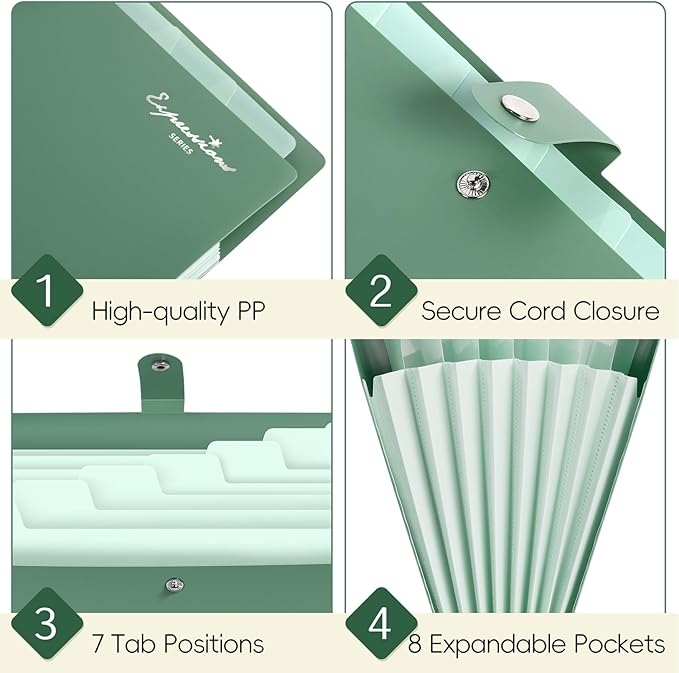 Sooez Elegant Accordion File Organizer with Labels, 8 Pocket Expanding File Folder, Portable Folders for Documents, Cute Paper Organizer for School Office Supplies, Letter Size, Off White