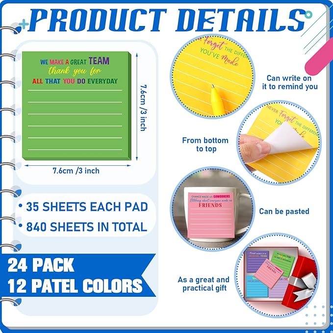 Yinder 24 Pcs Team Sticky Notes Team Appreciation Gifts Bulk Employee Coworker Inspirational Sticky Notes Pad Appreciation Gifts for Teacher Nurse Office Supplies 3 x 3''(Dark Color,Appreciation)