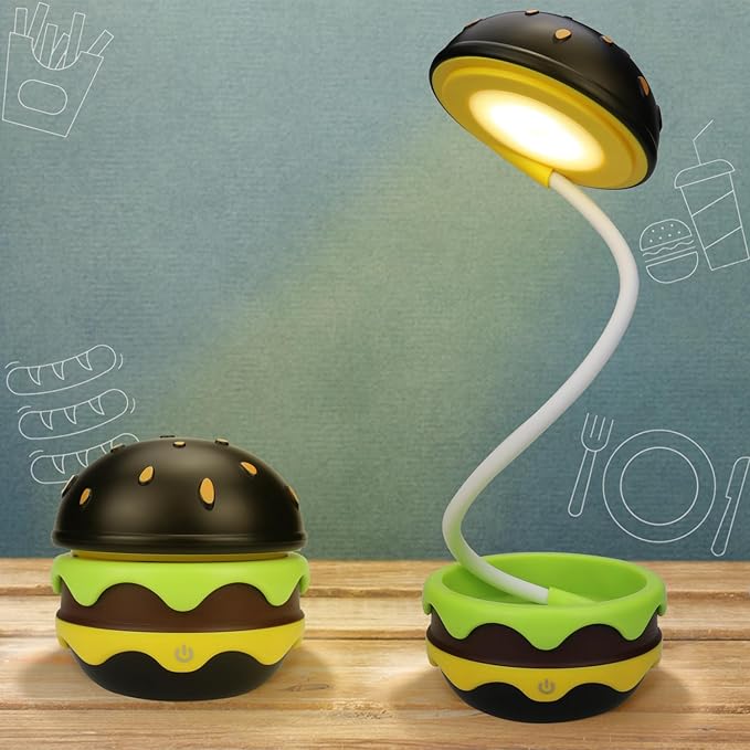 Cute Desk Lamp for Kids, Hamburger Small Boy Desk Lamps Rechargeable with Dimmable Touch Adjustable Neck,Kawaii Desk Lamp Night Light,Boy Desk Accessories Kawaii Room Decor for Boys Girl Gift