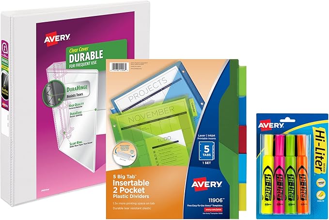 Avery Durable View 3 Ring Binder with 1 Inch Rings, 5 Tab Two-Pocket Plastic Binder Dividers, Assorted Chisel Tip Highlighters, School Supplies Set (01681)
