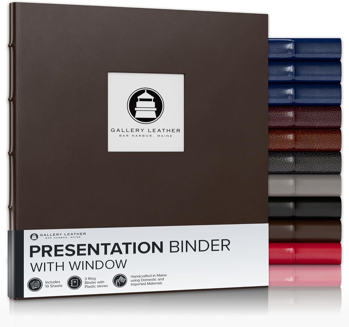 Gallery Leather 3 Ring Binder with Plastic Sleeves, Includes 10 Sheets, Sheet Size: 8.5" x 11" - Presentation Binder Rings with Window and Hubbed Spine, Thick: 0.75" Freeport Mocha