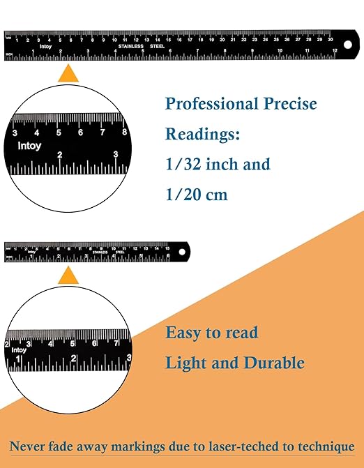 Metal Ruler Kit 12 Inch and 6 Inch, Stainless Steel Rulers with Centimeters, Millimeters, Inches and Conversion Table for Office and School, Easy to Read Metric Rule Set, 2 Pack