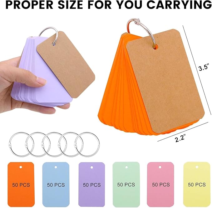 Koogel 2.2×3.5" Ring Flashcards 300ct | 6-Color Study System | Dorm to Office Essentials | Commute-Ready Portable Cards