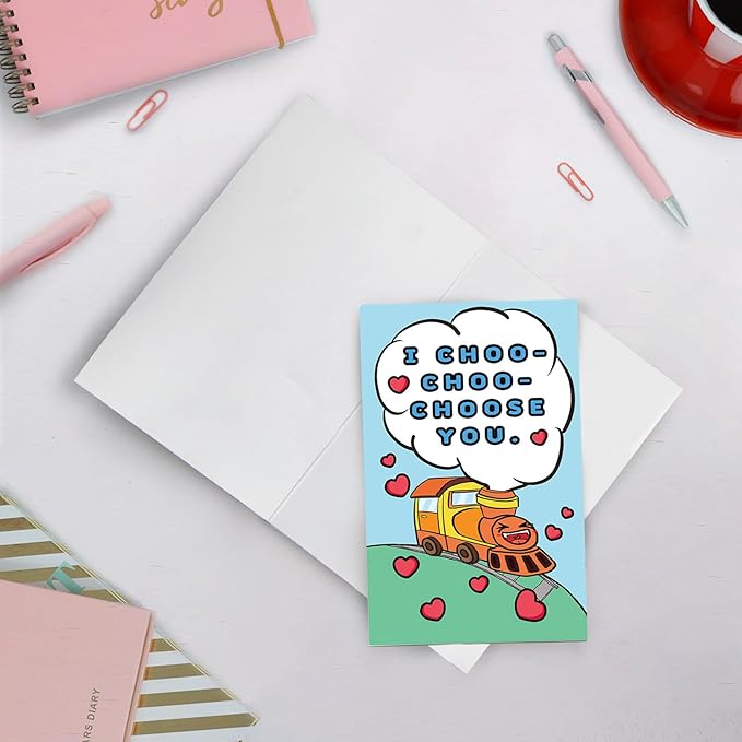 SuperShunhu Cute Train Valentines Day Card for Him Her, Lovely Valentines Card for Kids Child, Funny Anniversary Card for Boyfriend Girlfriend, I Choo Choo Choose You Card