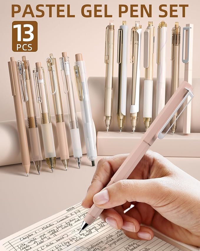 Nicpro 13PCS Pastel Gel Ink Pen Set with Case, Cute Retractable 0.5mm Fine Point Pen, 12 Black Ink Pen with 1 Highlighter, Aesthetic Drawing Pen for Student Note Taking,Writing,Office Supplies (Brown)