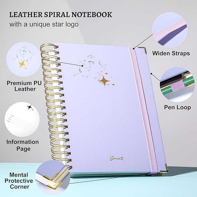 Yoment Leather Spiral Notebooks for Work 5 Subject Notebook College Ruled with Dividers 360 Pages B5 Hardcover Lined Journals for Women Men Writing B5 Size, Purple