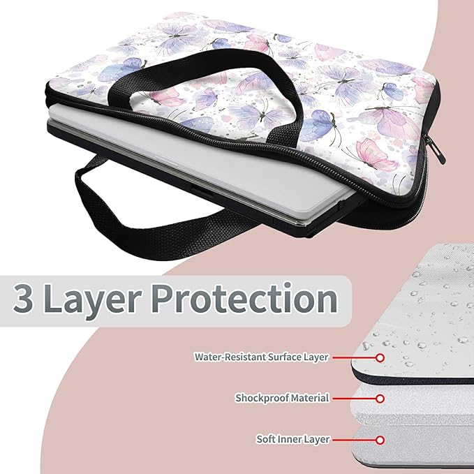 Universal Laptop Sleeve Tablet Case 12 inch, Pink Purple Butterfly Slim Carrying Case Durable Handbag Travel Laptop Bag for Surface Pro 9 8 7/Laptop Go 2 3, MacBook Air 11/12
