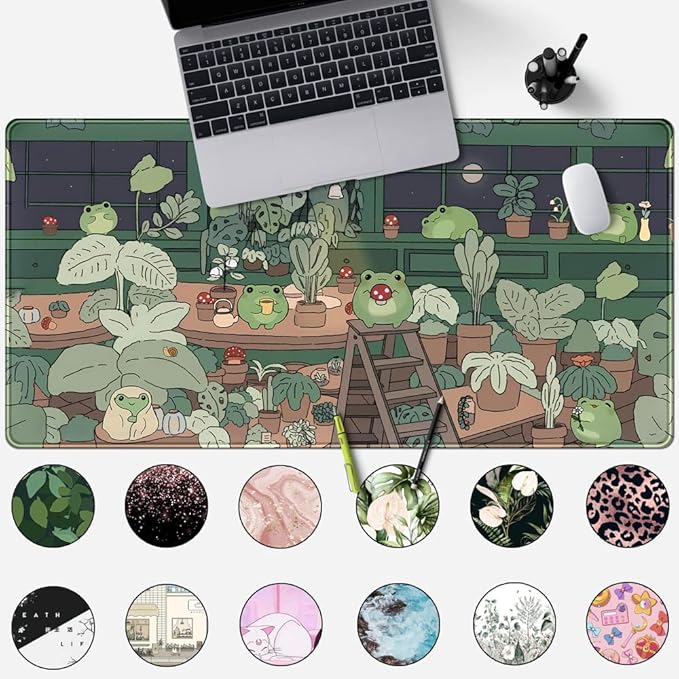 Cute Frog Kawaii Green Desk Decor Mat, Large Gaming Mouse Pad for Computer Keyboard Laptop, Home Office Accessories for Girl (31.5x15.7 in)-with Stitched Edges Pad