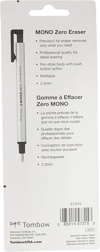 Tombow 57315 Mono Zero Eraser and Refill Value Pack, Round 2.3mm. Precision Tip Pen-Style Eraser with Refill & 57316 Mono Zero Eraser Refills, Round 2.3mm, 2-Pack