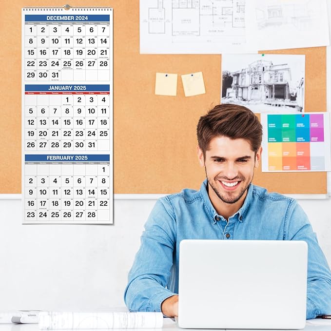 Dunwell Three Month View Calendar 2025 (Blue), 11x26" Open, 3-Month Wall Calendar Vertical, Use to December 2025, Tri Panel Calendar, Ships Folded