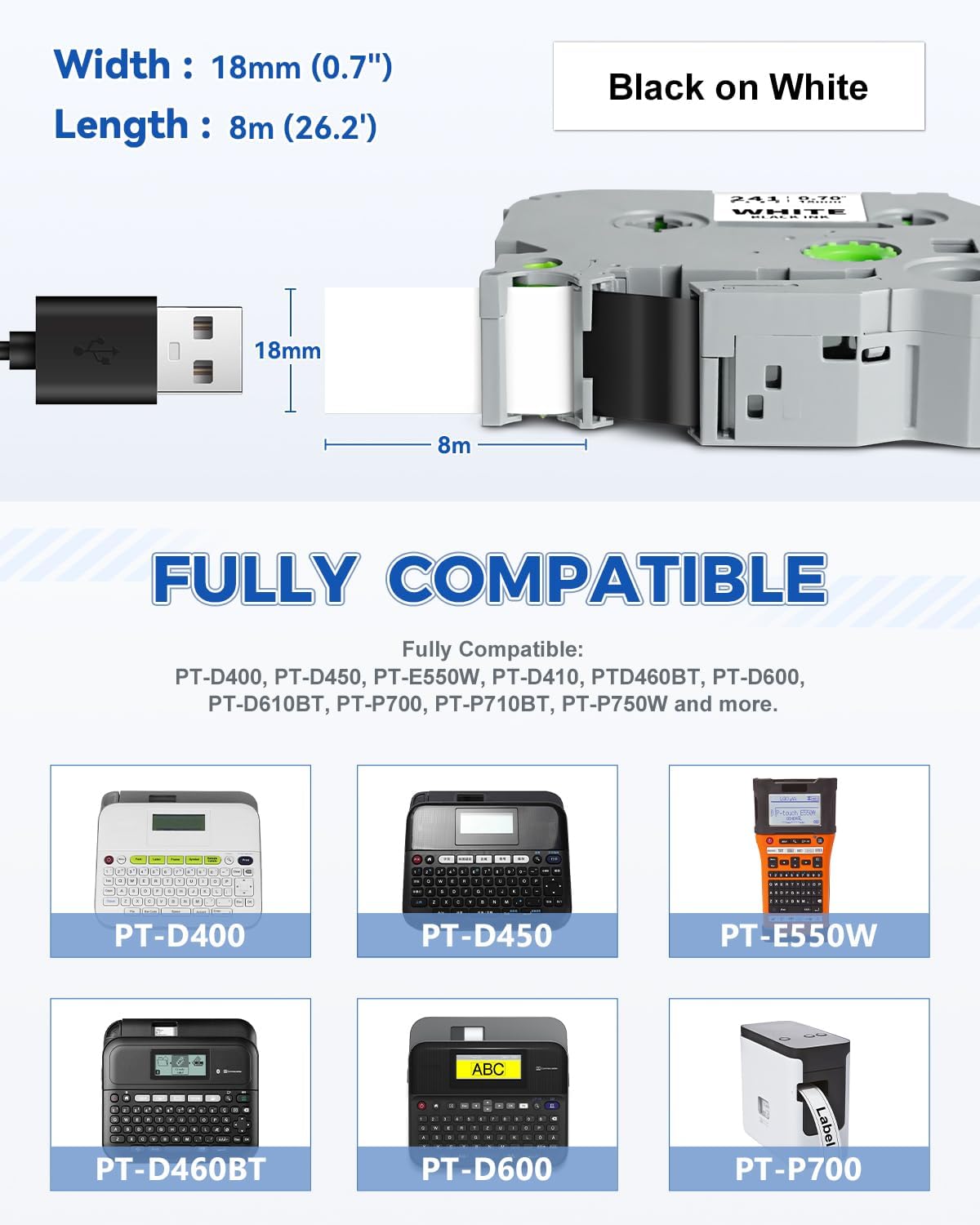 Tze241 18mm 0.7" Laminated White Tape Compatible for Brother Tze-241 Tz-241 P Touch Label Tape Tze Tz 18mm 3/4" Black on White for PTP410 PTD610BT PTD400 PTD600 PTD460BT Label Maker, 4-Pack