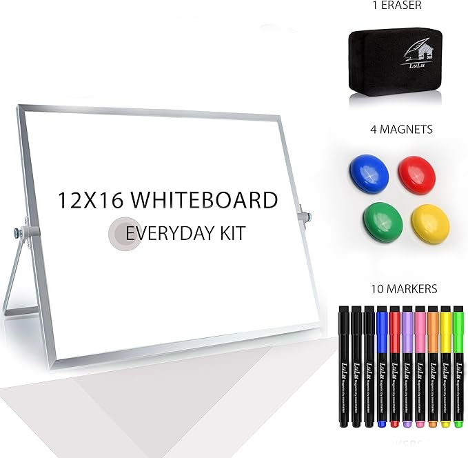 Dry Erase Whiteboard, 16x12in Magnetic Double-Sided Easel, Stand, 10 Markers, 4 Magnets, Eraser Silver