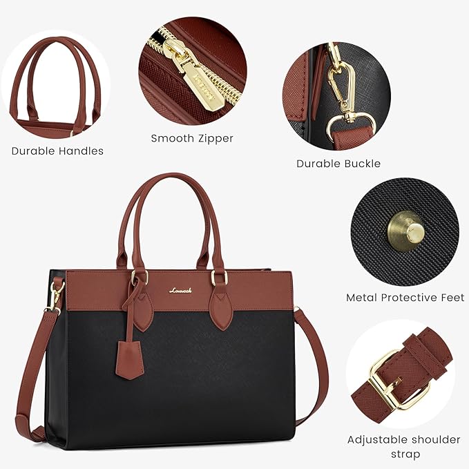 LOVEVOOK Laptop Bag for Women, 15.6 inch Leather Tote Bag Work Business Office Bag Waterproof Briefcase Computer Handbag Shoulder, Black-Brown